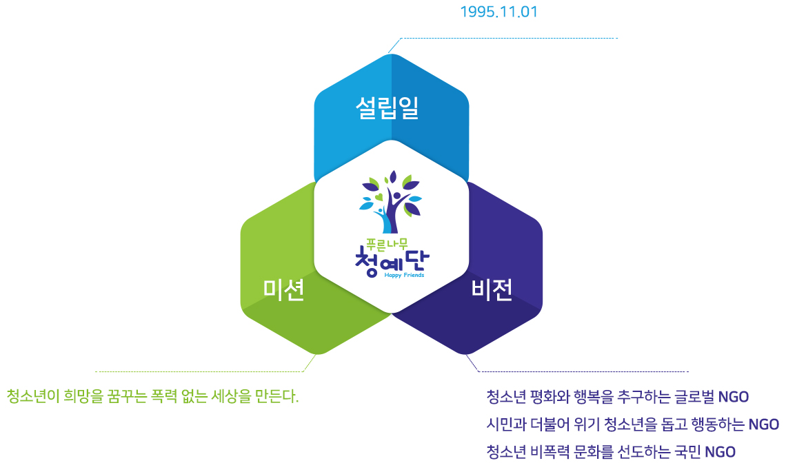 설립일:1995.11.01,미션:청소년이 희망을 꿈꾸는 폭력 없는 세상을 만든다.,
비전: 청소년 평화와 행복을 추구하는 글로벌NGO, 시민과 더불어 위기 청소년을 돕고 행동하는NGO, 청소년 비폭력 문화를 선도하는 국민NGO